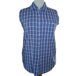 HONORS Women 18W Seersucker Plaid Check Sleeveless Button Cotton Top Blue Purple